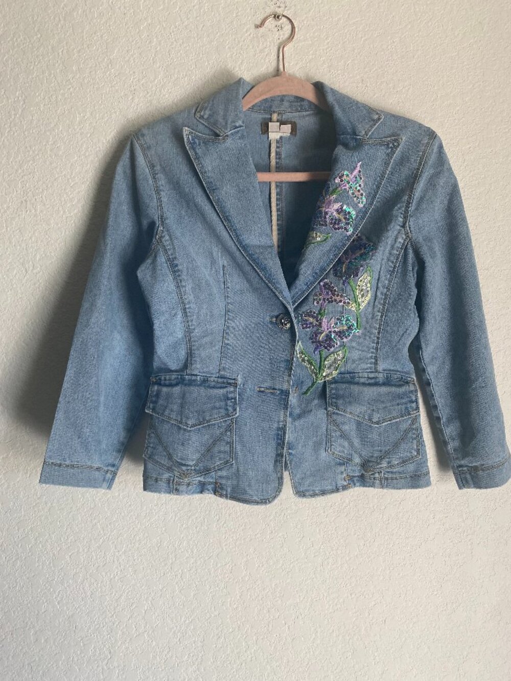 XOXO Vintage Y2K Floral Embroidered Denim Blazer Bratz Jacket Size M - Picture 2 of 12